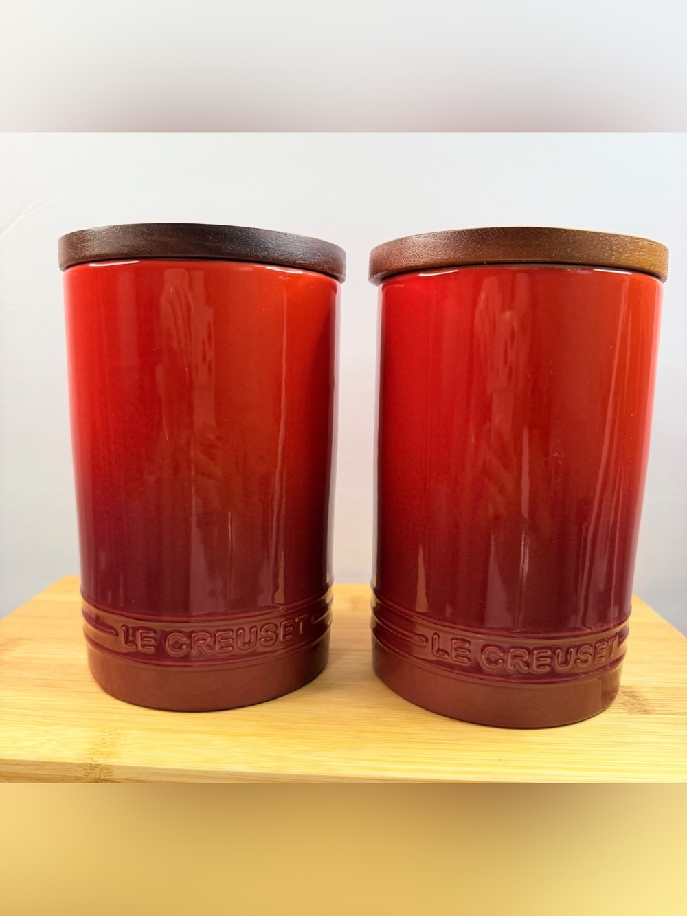 Le Creuset CERISE Stoneware Signature Storage Canister Wood Lid 26oz /770ml Set2